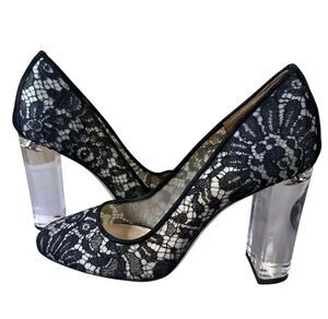 M.Gemi Black Lace Pumps Clear Lucite Block Heel Women’s US 7 EU 37